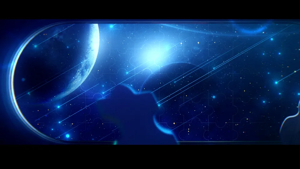 宇宙船の窓越しに星空を見つめるシーン
